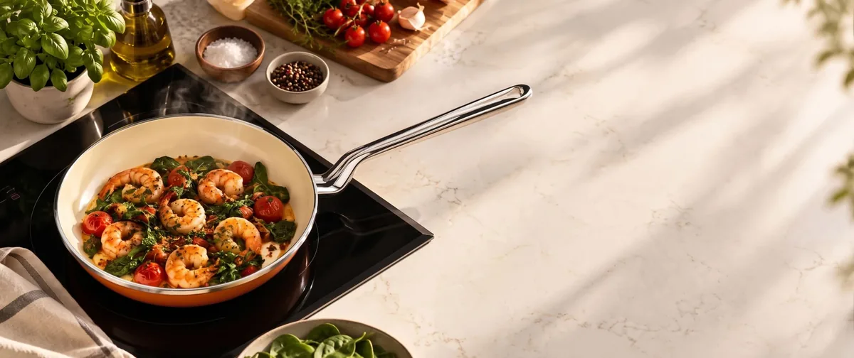 Prawns and spinach cooking in an orange EN-ERGIA pan on induction