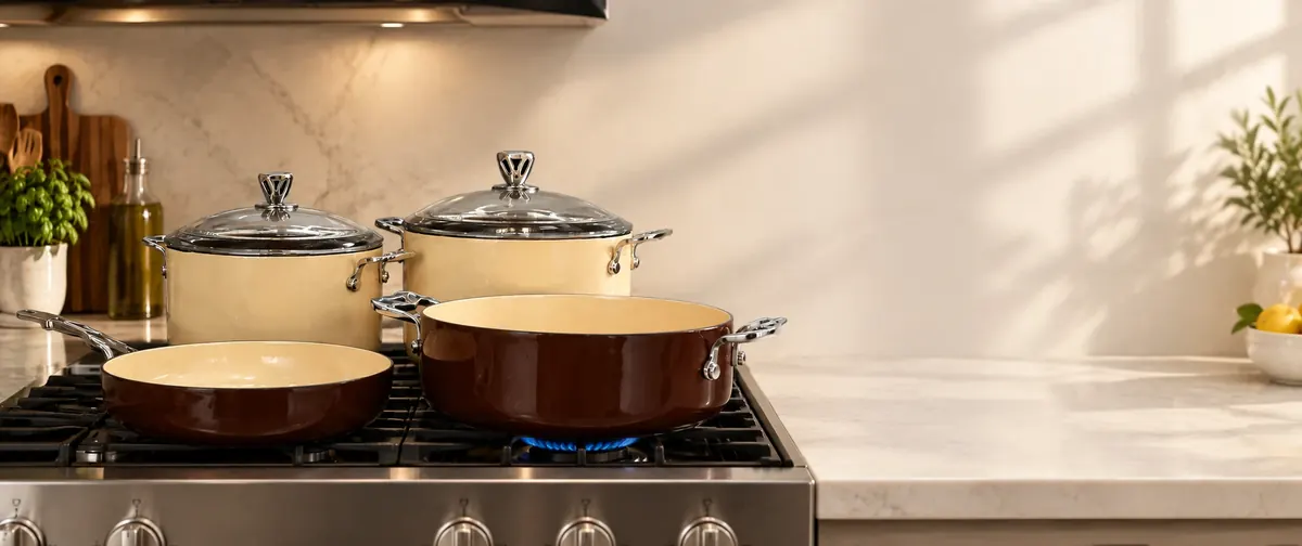 Cream and brown PRO 800° pots and a pan on a stove