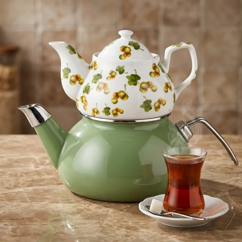 Green Eternity BLEND series enamel tea kettle with a white fruit-patterned teapot and a glass of Turkish tea on a marble worktop