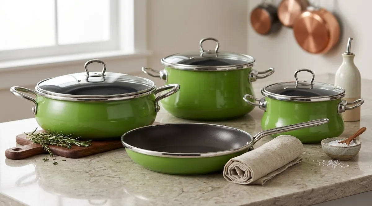 Green Eternity Otantik (bakraç) non-stick 7-piece cookware set on a kitchen worktop: three glass-lidded pots and a frying pan